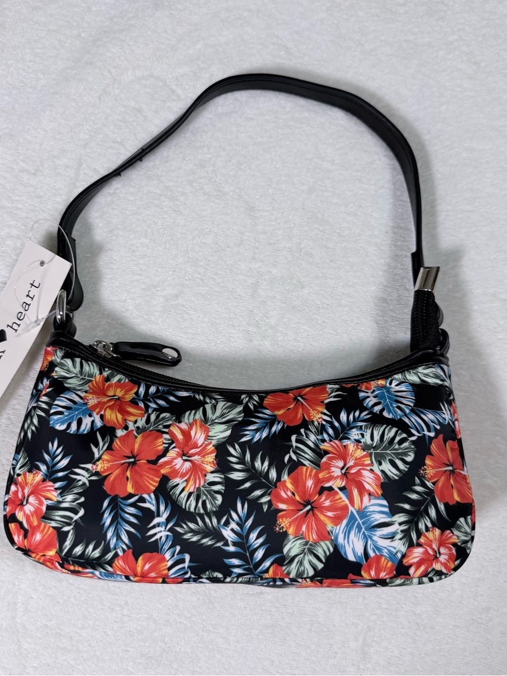 Derek Heart Black Floral Shoulder Bag with Red Hibiscus Print